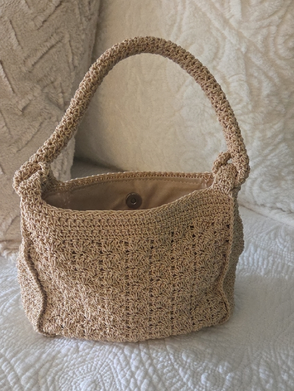 Woven Crochet Shoulder Bag in Beige - Picture 5 of 5
